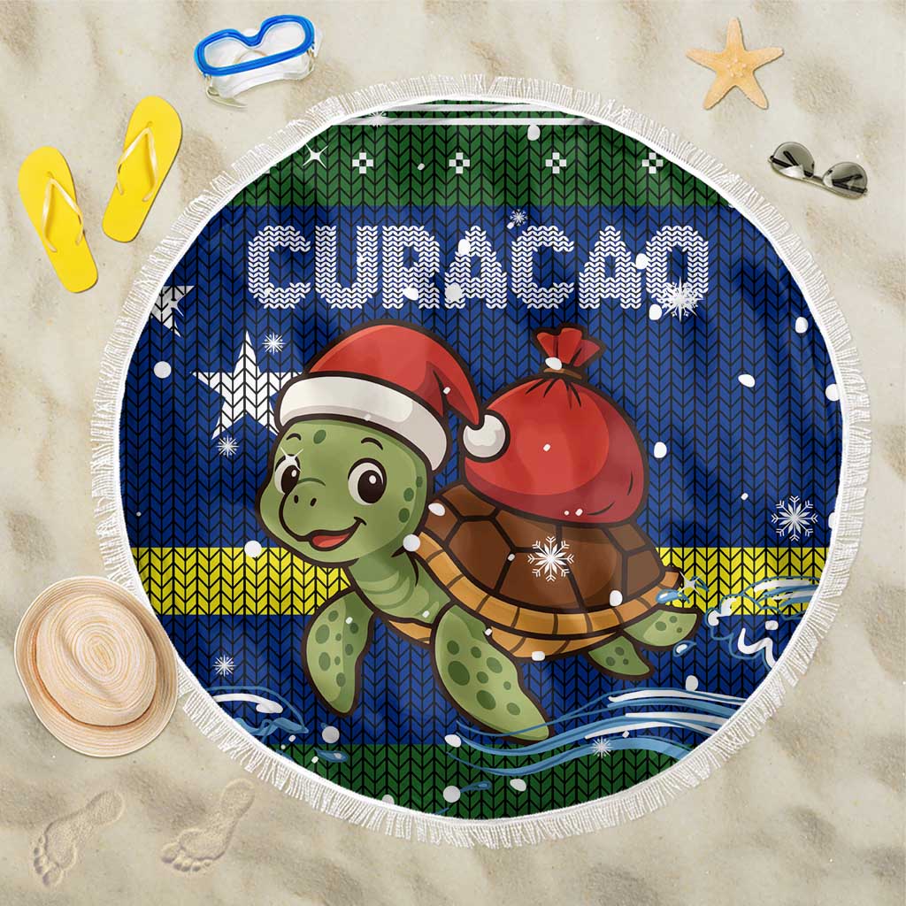 Curacao Christmas Beach Blanket with Santa Turtle Ocean Waves Snowflakes and Holiday Gift Design - Wonder Print Shop