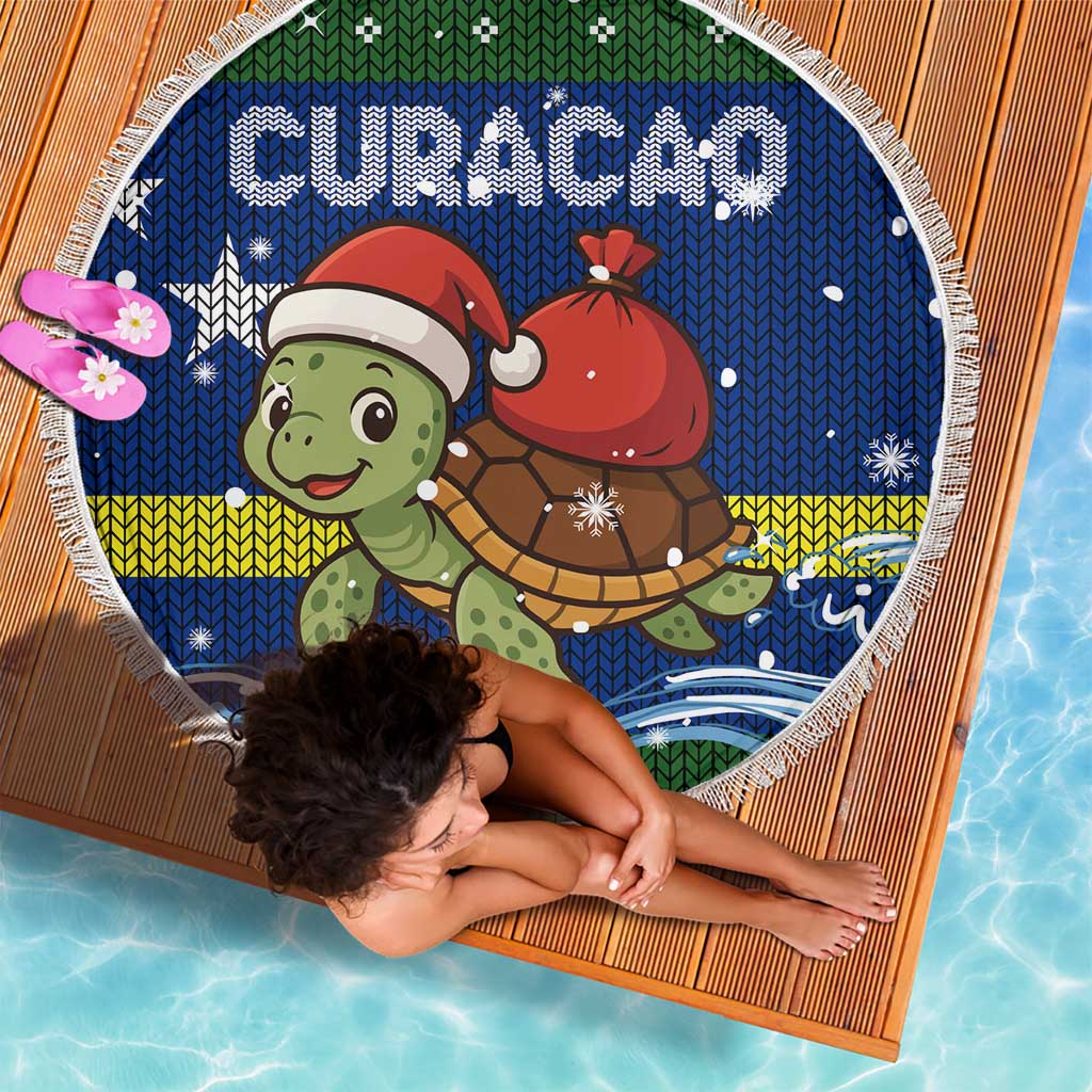Curacao Christmas Beach Blanket with Santa Turtle Ocean Waves Snowflakes and Holiday Gift Design - Wonder Print Shop