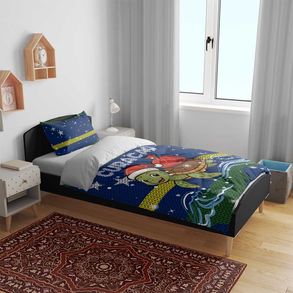 Curacao Christmas Bedding Set with Santa Turtle Ocean Waves Snowflakes and Holiday Gift Design - Wonder Print Shop