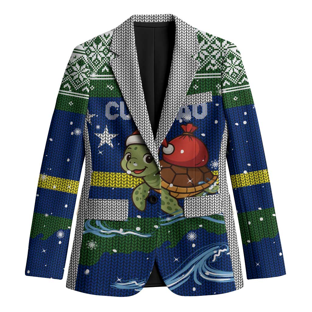 Curacao Christmas Blazer with Santa Turtle Ocean Waves Snowflakes and Holiday Gift Design - Wonder Print Shop