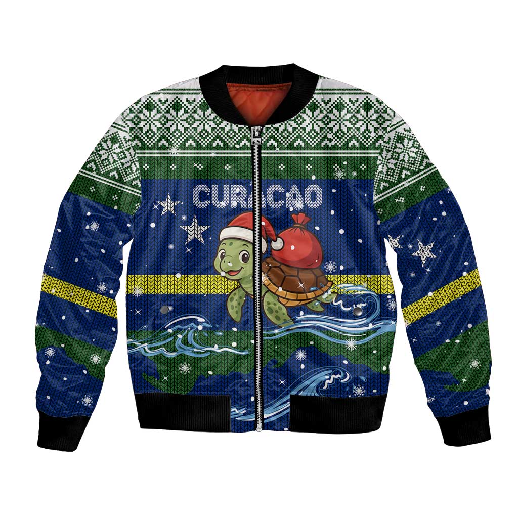 Curacao Christmas Bomber Jacket with Santa Turtle Ocean Waves Snowflakes and Holiday Gift Design - Wonder Print Shop