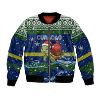 Curacao Christmas Bomber Jacket with Santa Turtle Ocean Waves Snowflakes and Holiday Gift Design - Wonder Print Shop