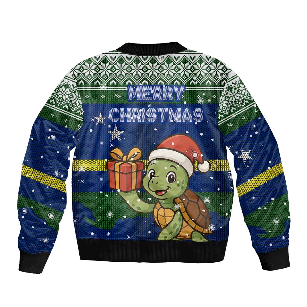 Curacao Christmas Bomber Jacket with Santa Turtle Ocean Waves Snowflakes and Holiday Gift Design - Wonder Print Shop