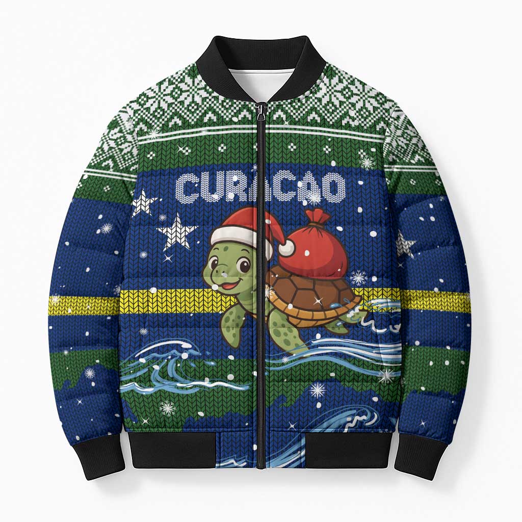Curacao Christmas Bomber Puffer Jacket with Santa Turtle Ocean Waves Snowflakes and Holiday Gift Design - Wonder Print Shop