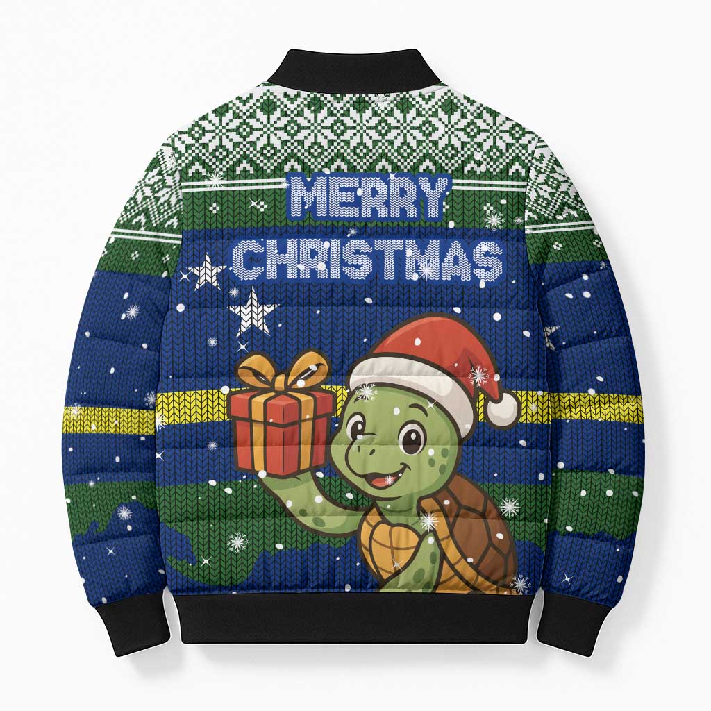 Curacao Christmas Bomber Puffer Jacket with Santa Turtle Ocean Waves Snowflakes and Holiday Gift Design - Wonder Print Shop