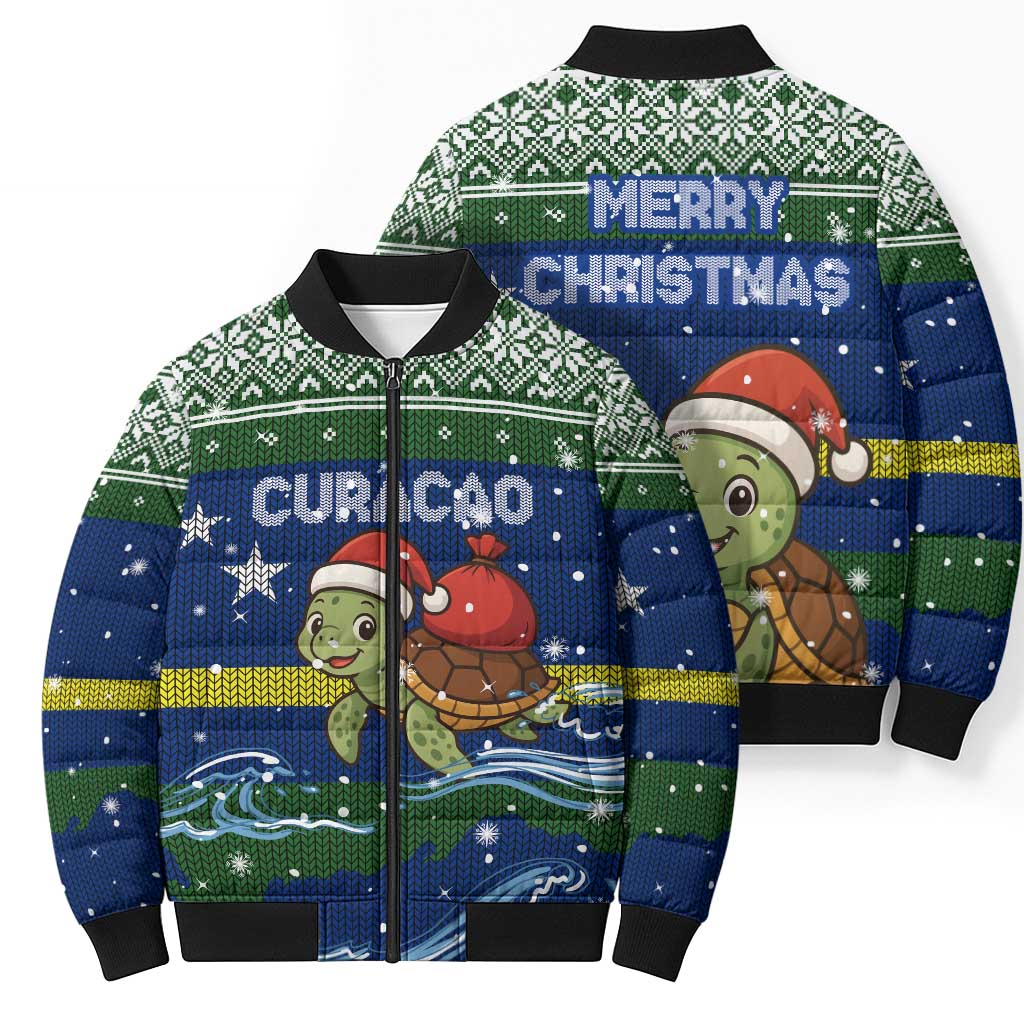 Curacao Christmas Bomber Puffer Jacket with Santa Turtle Ocean Waves Snowflakes and Holiday Gift Design - Wonder Print Shop