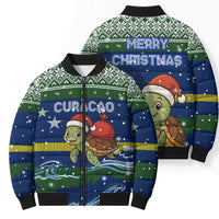 Curacao Christmas Bomber Puffer Jacket with Santa Turtle Ocean Waves Snowflakes and Holiday Gift Design - Wonder Print Shop