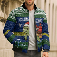 Curacao Christmas Bomber Puffer Jacket with Santa Turtle Ocean Waves Snowflakes and Holiday Gift Design - Wonder Print Shop