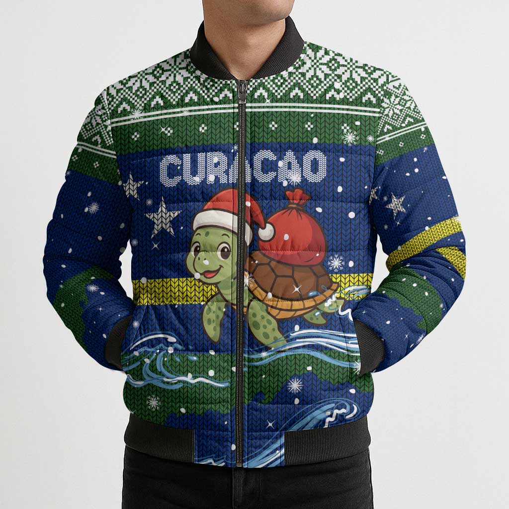 Curacao Christmas Bomber Puffer Jacket with Santa Turtle Ocean Waves Snowflakes and Holiday Gift Design - Wonder Print Shop