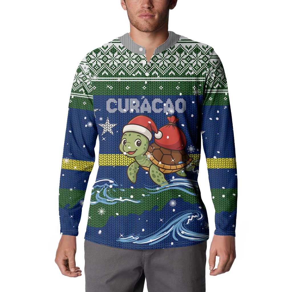 Curacao Christmas Button Sweatshirt with Santa Turtle Ocean Waves Snowflakes and Holiday Gift Design - Wonder Print Shop