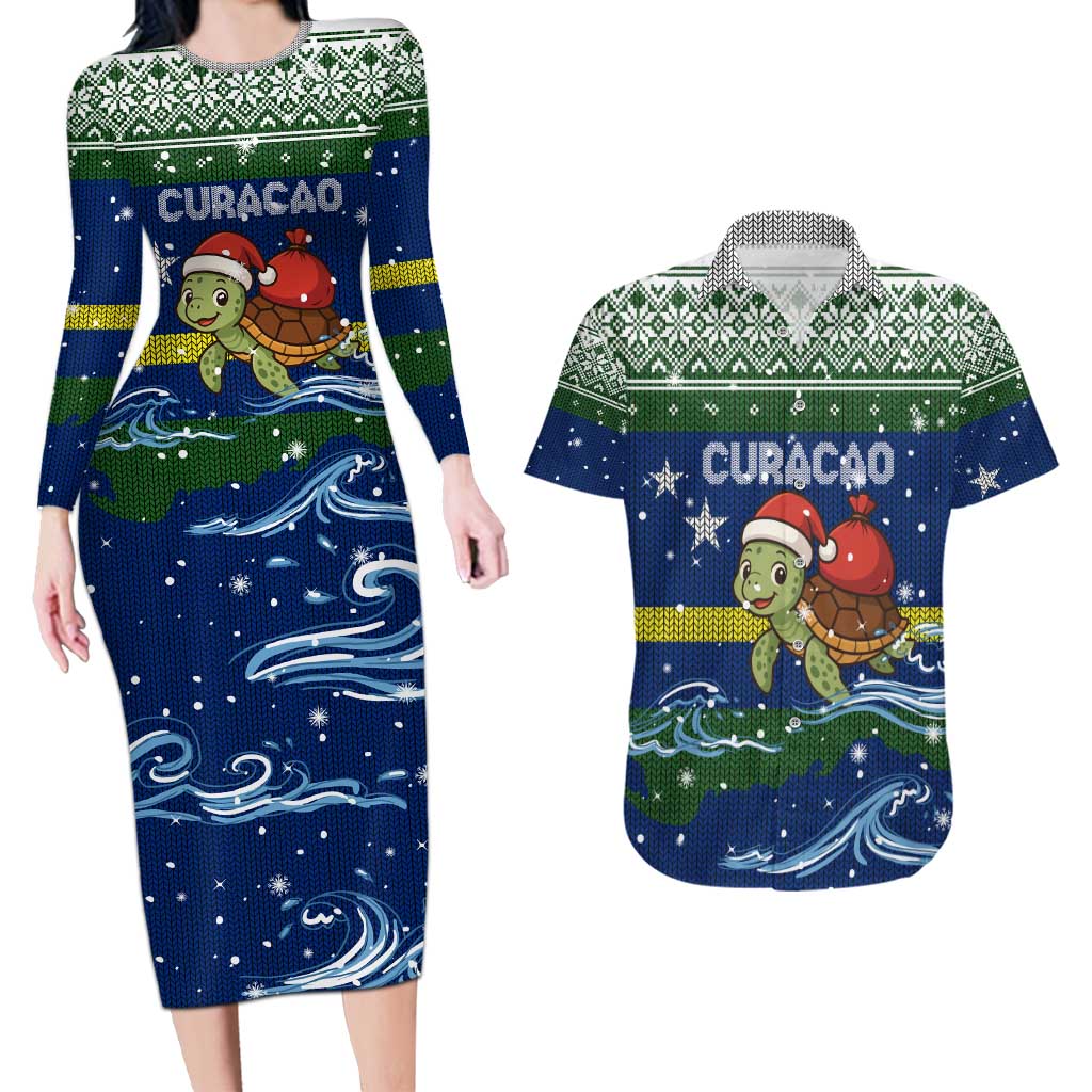 Curacao Christmas Couples Matching Long Sleeve Bodycon Dress and Hawaiian Shirt with Santa Turtle Ocean Waves Snowflakes and Holiday Gift Design - Wonder Print Shop