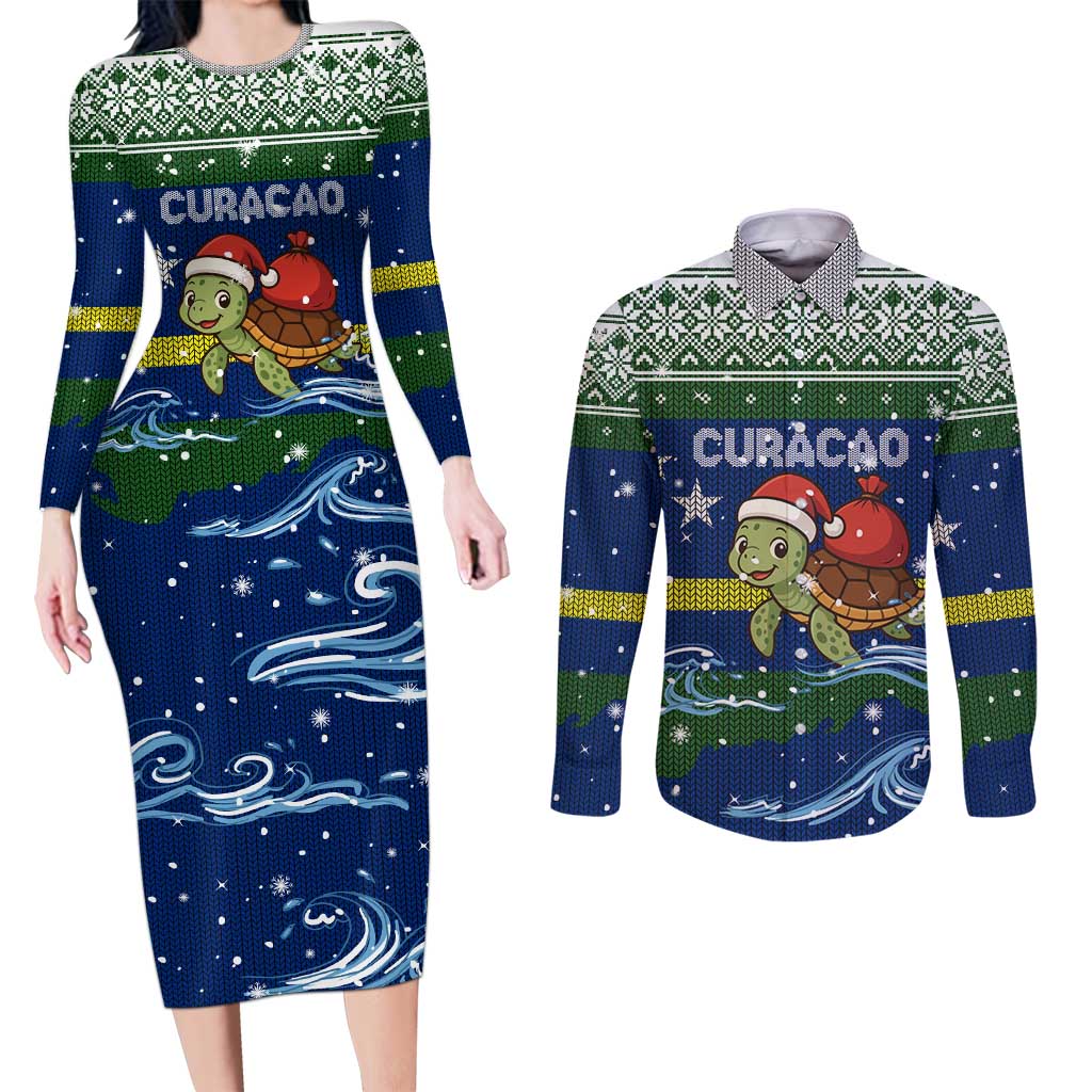 Curacao Christmas Couples Matching Long Sleeve Bodycon Dress and Long Sleeve Button Shirt with Santa Turtle Ocean Waves Snowflakes and Holiday Gift Design - Wonder Print Shop