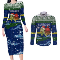 Curacao Christmas Couples Matching Long Sleeve Bodycon Dress and Long Sleeve Button Shirt with Santa Turtle Ocean Waves Snowflakes and Holiday Gift Design - Wonder Print Shop