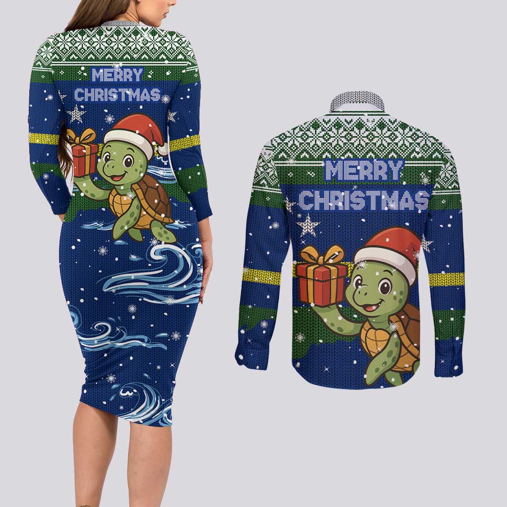Curacao Christmas Couples Matching Long Sleeve Bodycon Dress and Long Sleeve Button Shirt with Santa Turtle Ocean Waves Snowflakes and Holiday Gift Design - Wonder Print Shop
