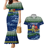 Curacao Christmas Couples Matching Mermaid Dress and Hawaiian Shirt with Santa Turtle Ocean Waves Snowflakes and Holiday Gift Design - Wonder Print Shop