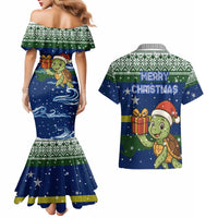 Curacao Christmas Couples Matching Mermaid Dress and Hawaiian Shirt with Santa Turtle Ocean Waves Snowflakes and Holiday Gift Design - Wonder Print Shop