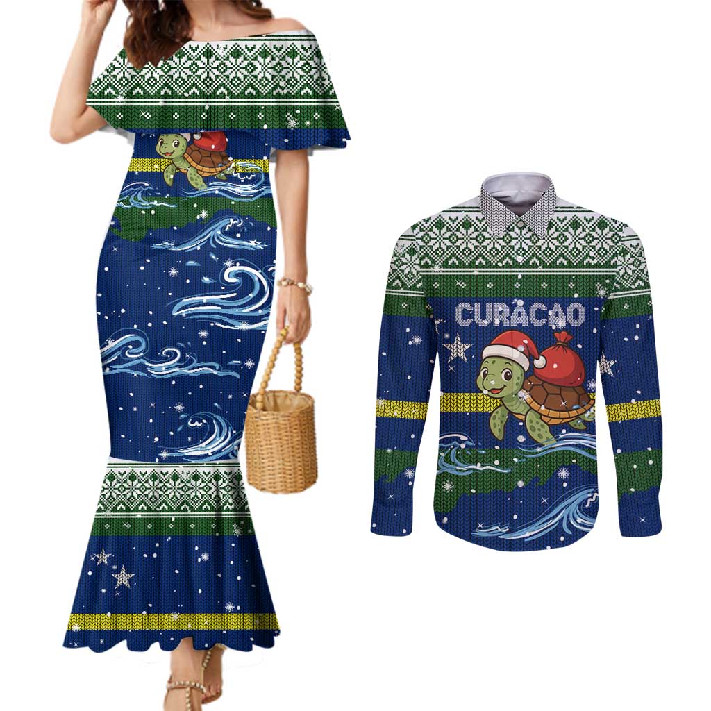 Curacao Christmas Couples Matching Mermaid Dress and Long Sleeve Button Shirt with Santa Turtle Ocean Waves Snowflakes and Holiday Gift Design - Wonder Print Shop