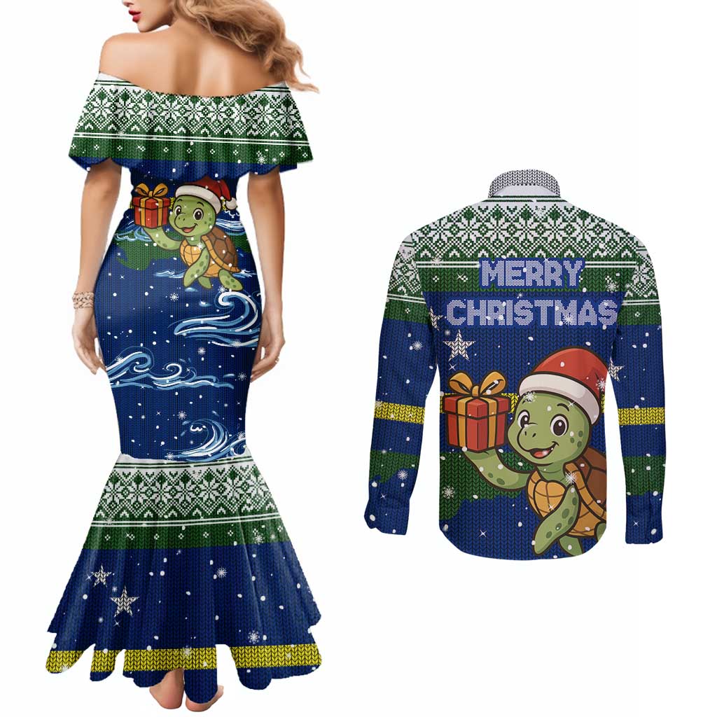 Curacao Christmas Couples Matching Mermaid Dress and Long Sleeve Button Shirt with Santa Turtle Ocean Waves Snowflakes and Holiday Gift Design - Wonder Print Shop