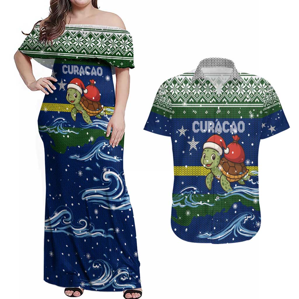 Curacao Christmas Couples Matching Off Shoulder Maxi Dress and Hawaiian Shirt with Santa Turtle Ocean Waves Snowflakes and Holiday Gift Design - Wonder Print Shop