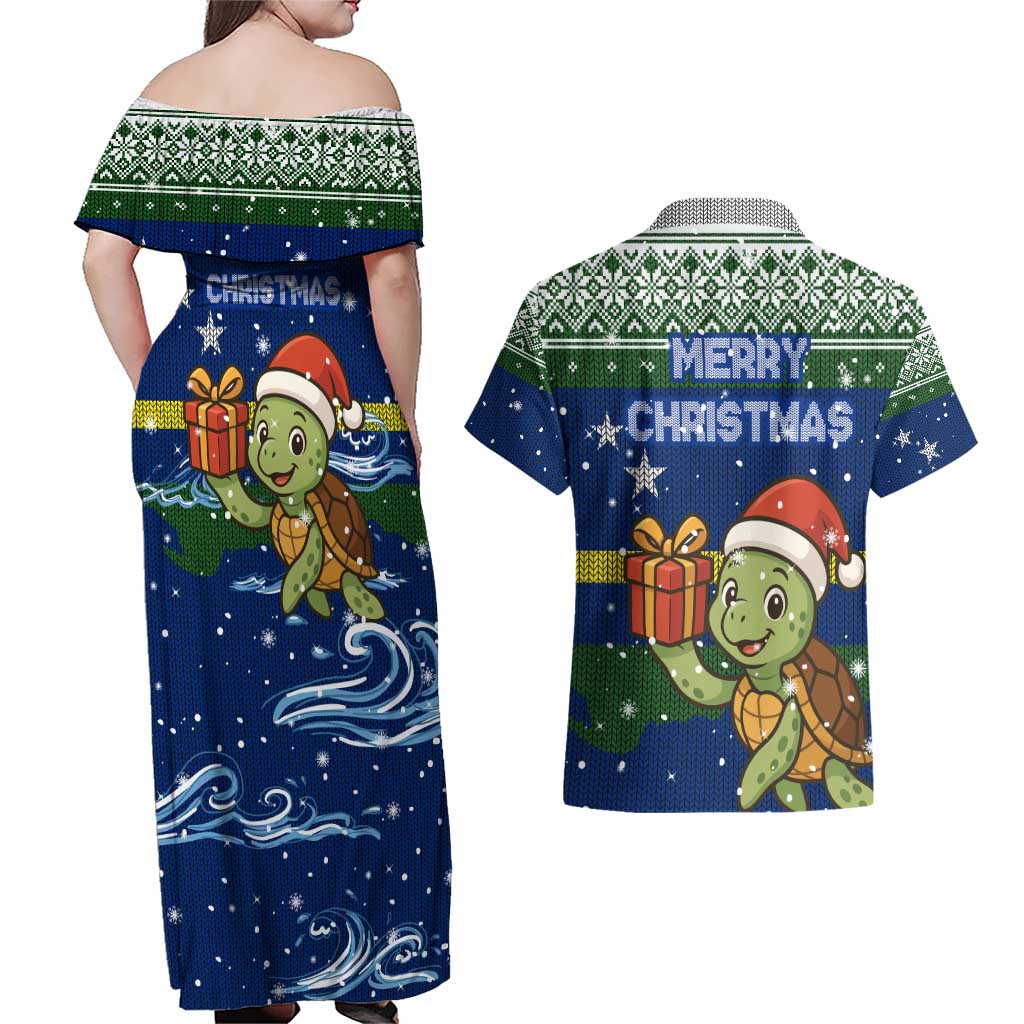 Curacao Christmas Couples Matching Off Shoulder Maxi Dress and Hawaiian Shirt with Santa Turtle Ocean Waves Snowflakes and Holiday Gift Design - Wonder Print Shop