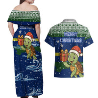 Curacao Christmas Couples Matching Off Shoulder Maxi Dress and Hawaiian Shirt with Santa Turtle Ocean Waves Snowflakes and Holiday Gift Design - Wonder Print Shop