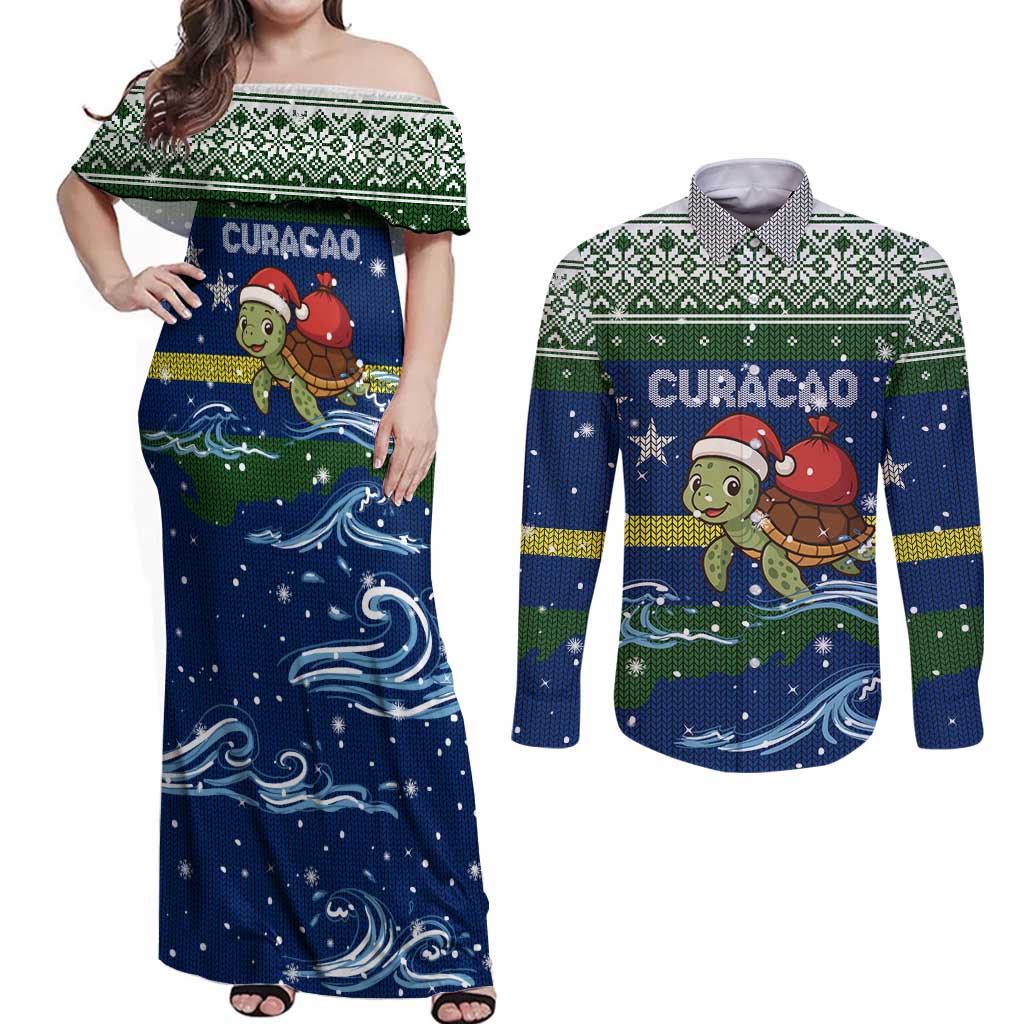 Curacao Christmas Couples Matching Off Shoulder Maxi Dress and Long Sleeve Button Shirt with Santa Turtle Ocean Waves Snowflakes and Holiday Gift Design - Wonder Print Shop