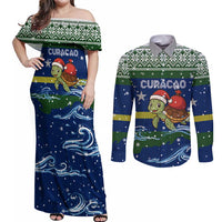 Curacao Christmas Couples Matching Off Shoulder Maxi Dress and Long Sleeve Button Shirt with Santa Turtle Ocean Waves Snowflakes and Holiday Gift Design - Wonder Print Shop