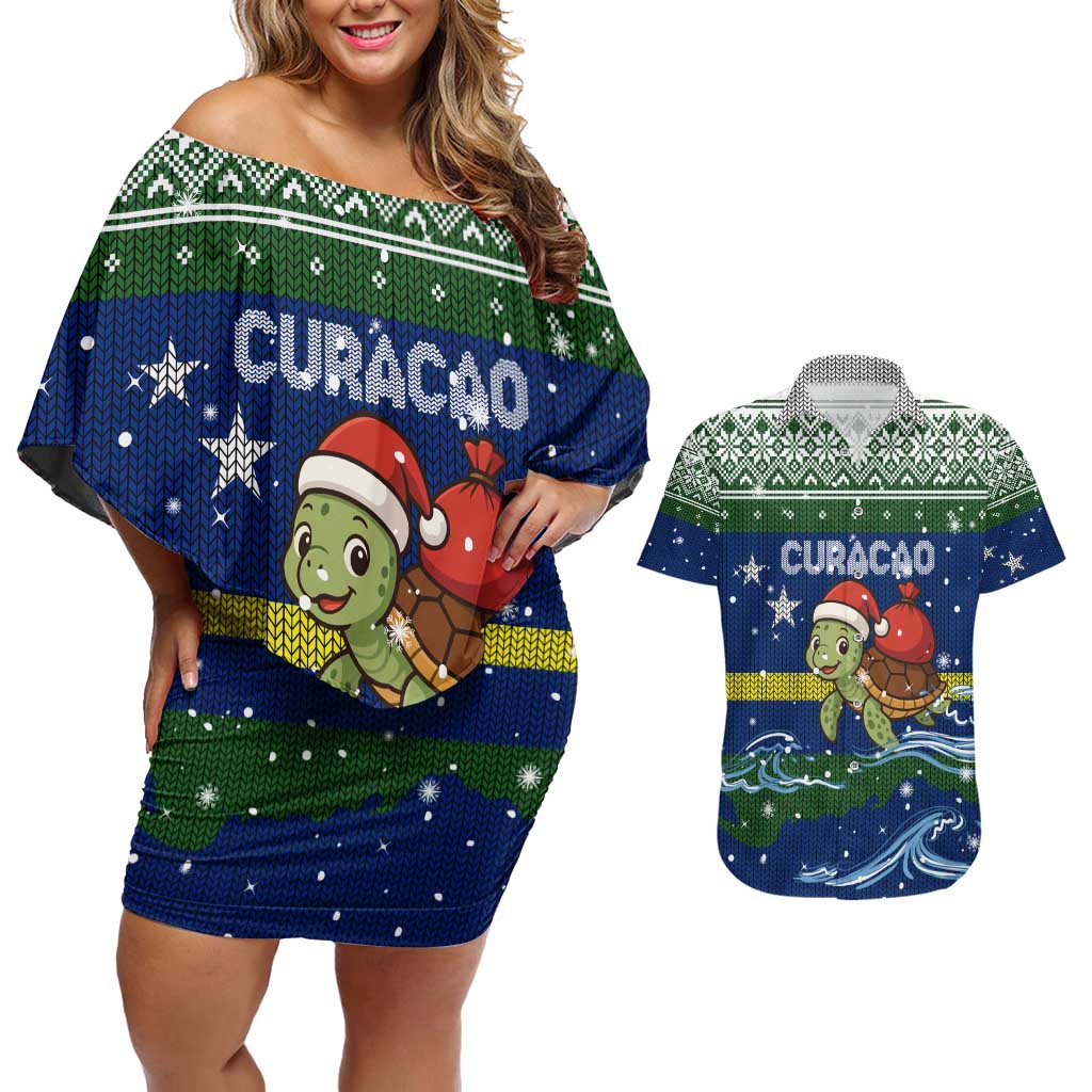 Curacao Christmas Couples Matching Off Shoulder Short Dress and Hawaiian Shirt with Santa Turtle Ocean Waves Snowflakes and Holiday Gift Design - Wonder Print Shop