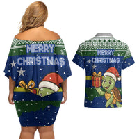 Curacao Christmas Couples Matching Off Shoulder Short Dress and Hawaiian Shirt with Santa Turtle Ocean Waves Snowflakes and Holiday Gift Design - Wonder Print Shop