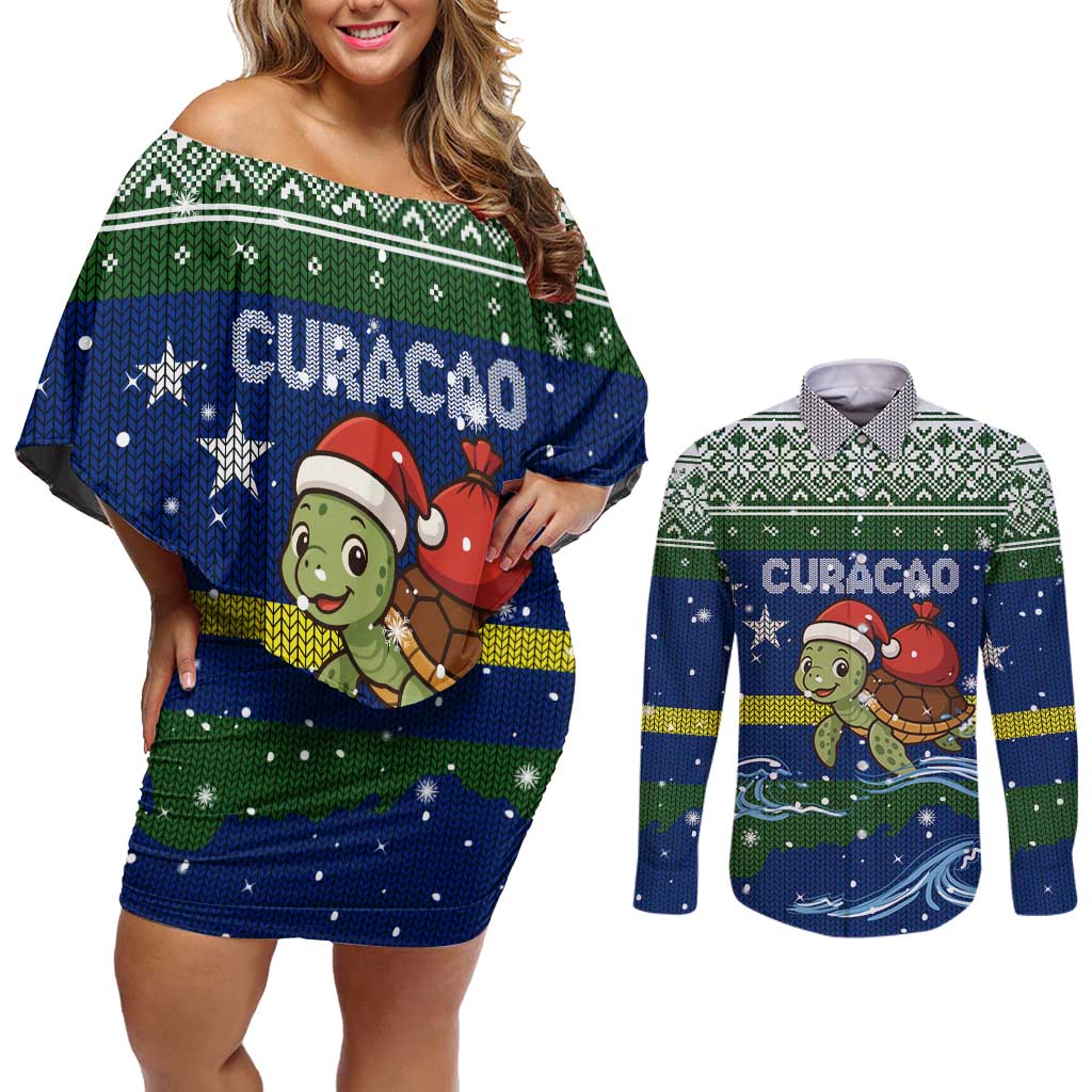 Curacao Christmas Couples Matching Off Shoulder Short Dress and Long Sleeve Button Shirt with Santa Turtle Ocean Waves Snowflakes and Holiday Gift Design - Wonder Print Shop