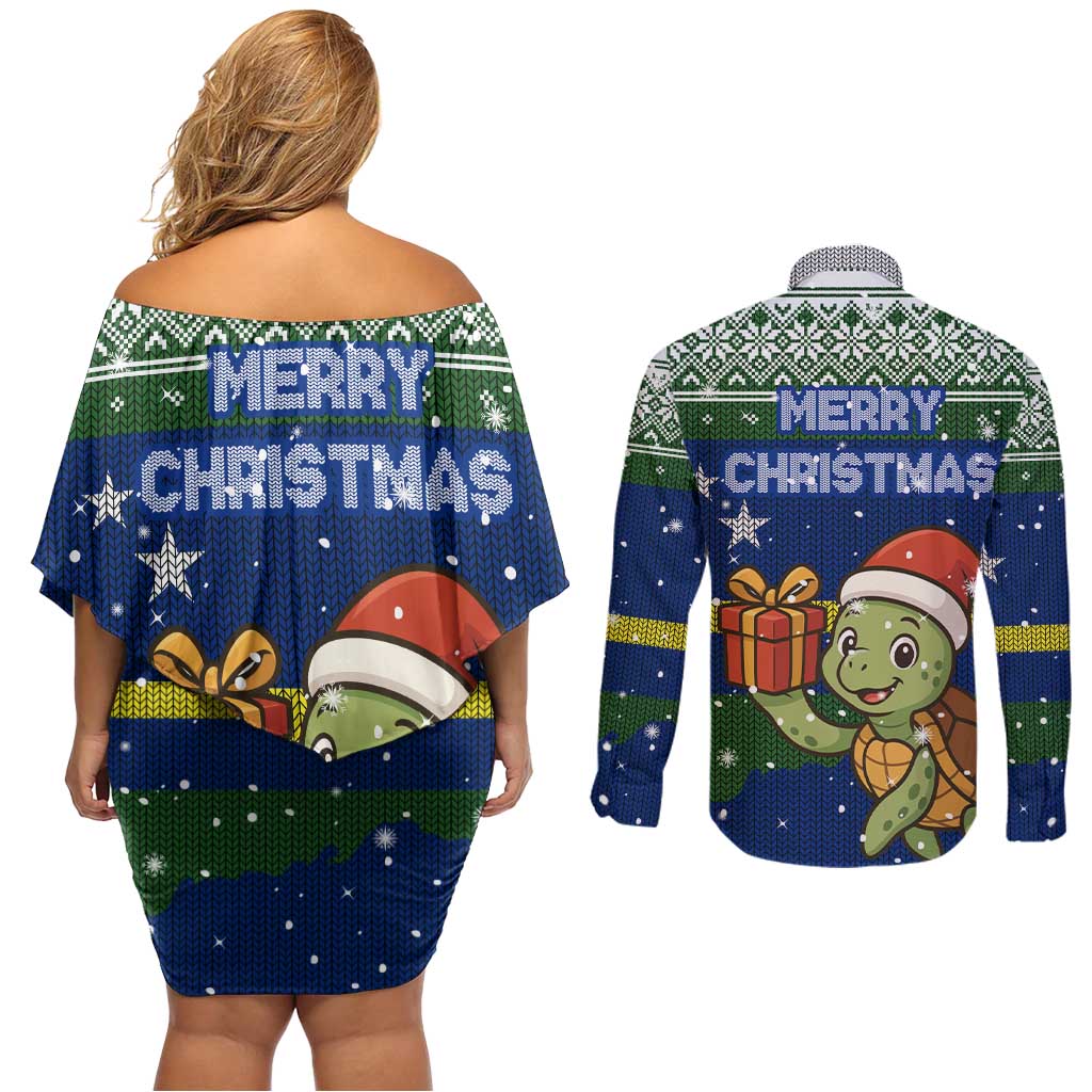 Curacao Christmas Couples Matching Off Shoulder Short Dress and Long Sleeve Button Shirt with Santa Turtle Ocean Waves Snowflakes and Holiday Gift Design - Wonder Print Shop