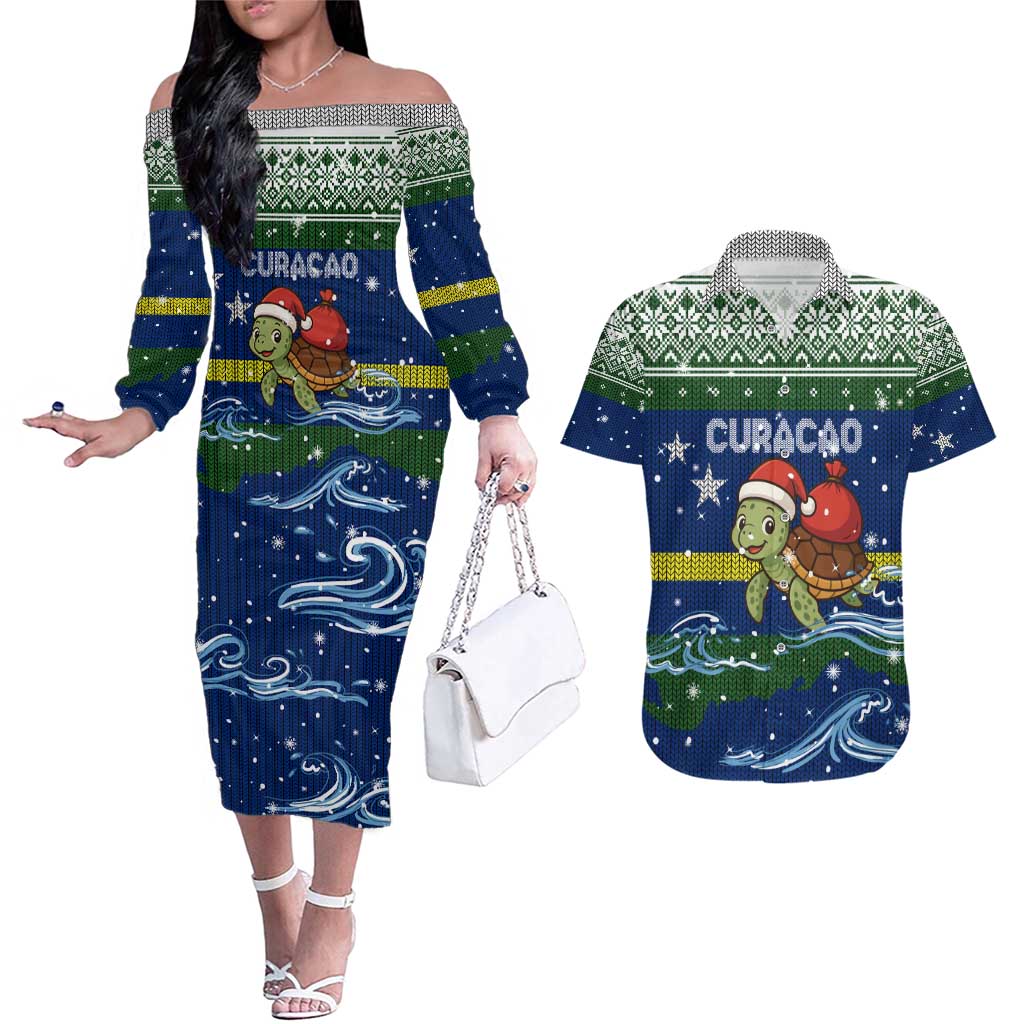 Curacao Christmas Couples Matching Off The Shoulder Long Sleeve Dress and Hawaiian Shirt with Santa Turtle Ocean Waves Snowflakes and Holiday Gift Design - Wonder Print Shop