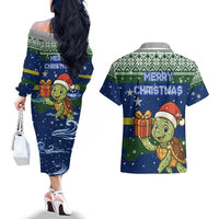 Curacao Christmas Couples Matching Off The Shoulder Long Sleeve Dress and Hawaiian Shirt with Santa Turtle Ocean Waves Snowflakes and Holiday Gift Design - Wonder Print Shop