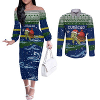 Curacao Christmas Couples Matching Off The Shoulder Long Sleeve Dress and Long Sleeve Button Shirt with Santa Turtle Ocean Waves Snowflakes and Holiday Gift Design - Wonder Print Shop