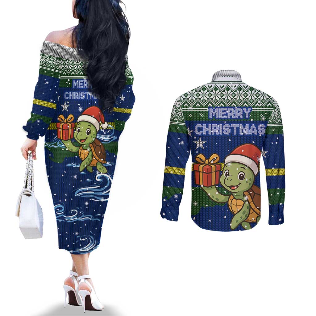 Curacao Christmas Couples Matching Off The Shoulder Long Sleeve Dress and Long Sleeve Button Shirt with Santa Turtle Ocean Waves Snowflakes and Holiday Gift Design - Wonder Print Shop