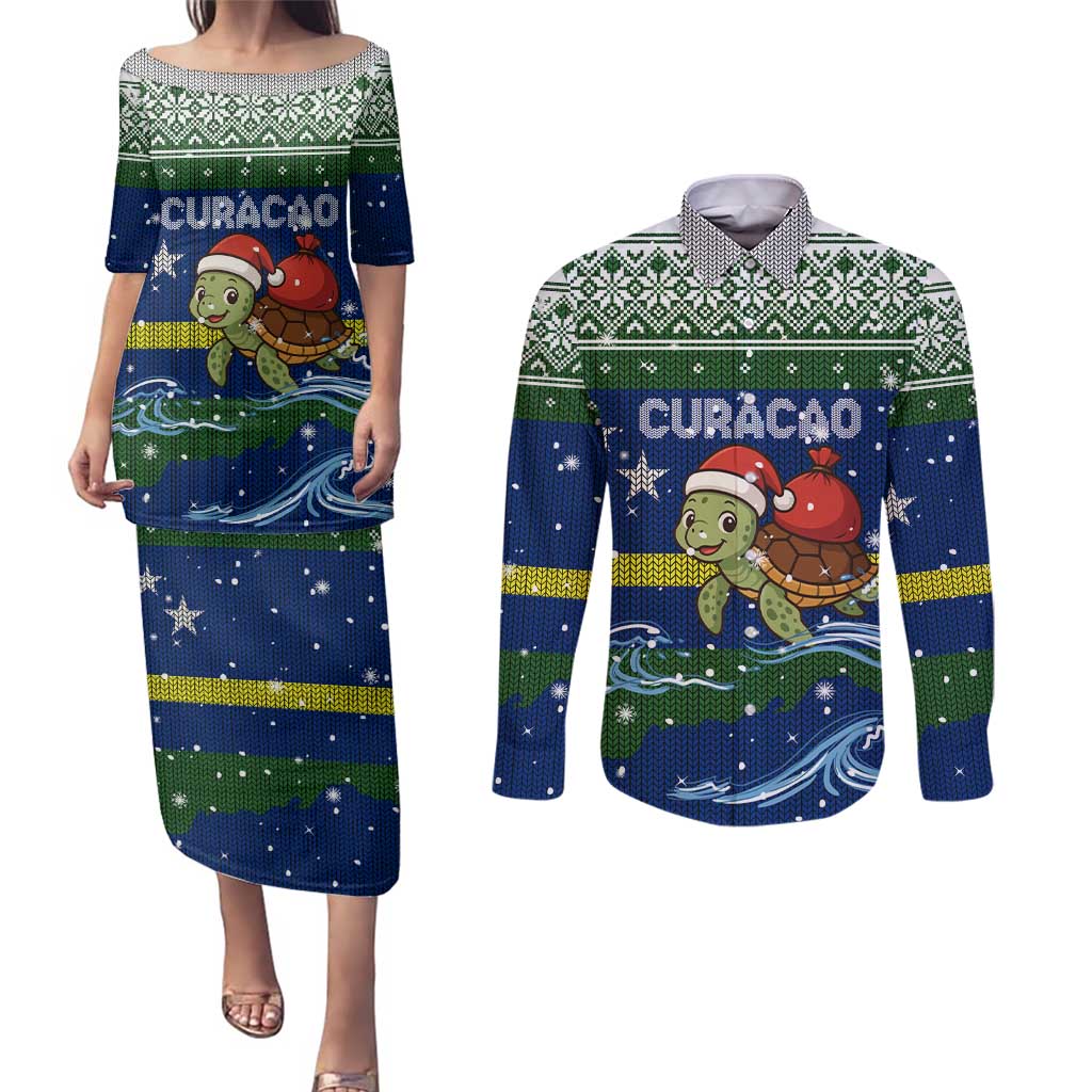 Curacao Christmas Couples Matching Puletasi and Long Sleeve Button Shirt with Santa Turtle Ocean Waves Snowflakes and Holiday Gift Design - Wonder Print Shop