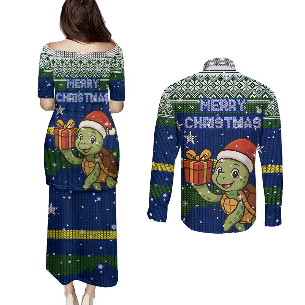 Curacao Christmas Couples Matching Puletasi and Long Sleeve Button Shirt with Santa Turtle Ocean Waves Snowflakes and Holiday Gift Design - Wonder Print Shop