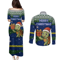 Curacao Christmas Couples Matching Puletasi and Long Sleeve Button Shirt with Santa Turtle Ocean Waves Snowflakes and Holiday Gift Design - Wonder Print Shop