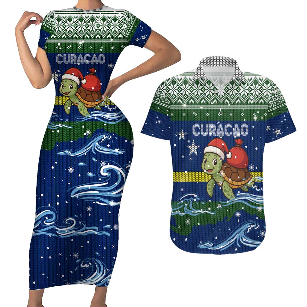 Curacao Christmas Couples Matching Short Sleeve Bodycon Dress and Hawaiian Shirt with Santa Turtle Ocean Waves Snowflakes and Holiday Gift Design - Wonder Print Shop