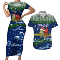 Curacao Christmas Couples Matching Short Sleeve Bodycon Dress and Hawaiian Shirt with Santa Turtle Ocean Waves Snowflakes and Holiday Gift Design - Wonder Print Shop
