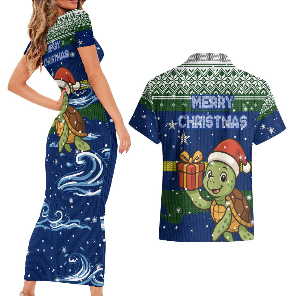 Curacao Christmas Couples Matching Short Sleeve Bodycon Dress and Hawaiian Shirt with Santa Turtle Ocean Waves Snowflakes and Holiday Gift Design - Wonder Print Shop