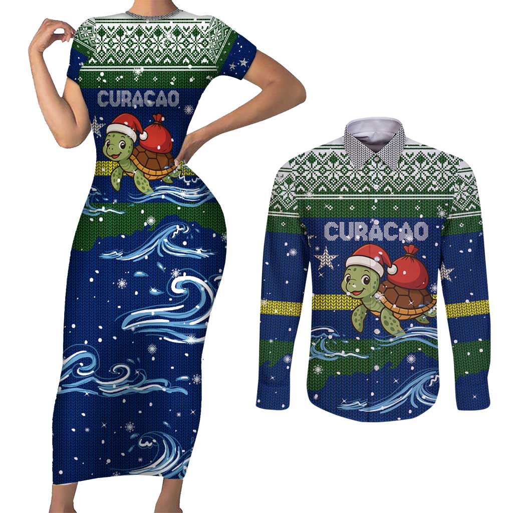 Curacao Christmas Couples Matching Short Sleeve Bodycon Dress and Long Sleeve Button Shirt with Santa Turtle Ocean Waves Snowflakes and Holiday Gift Design - Wonder Print Shop