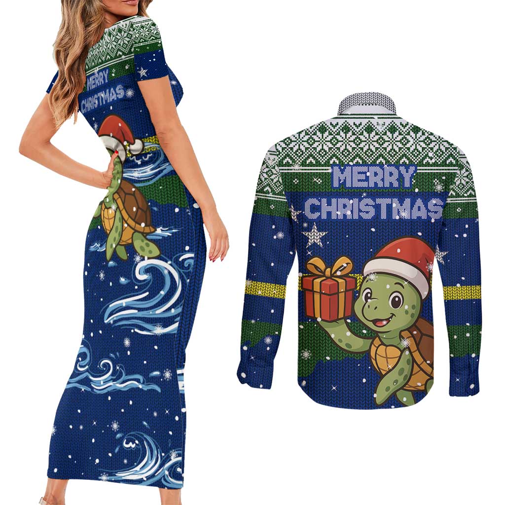 Curacao Christmas Couples Matching Short Sleeve Bodycon Dress and Long Sleeve Button Shirt with Santa Turtle Ocean Waves Snowflakes and Holiday Gift Design - Wonder Print Shop