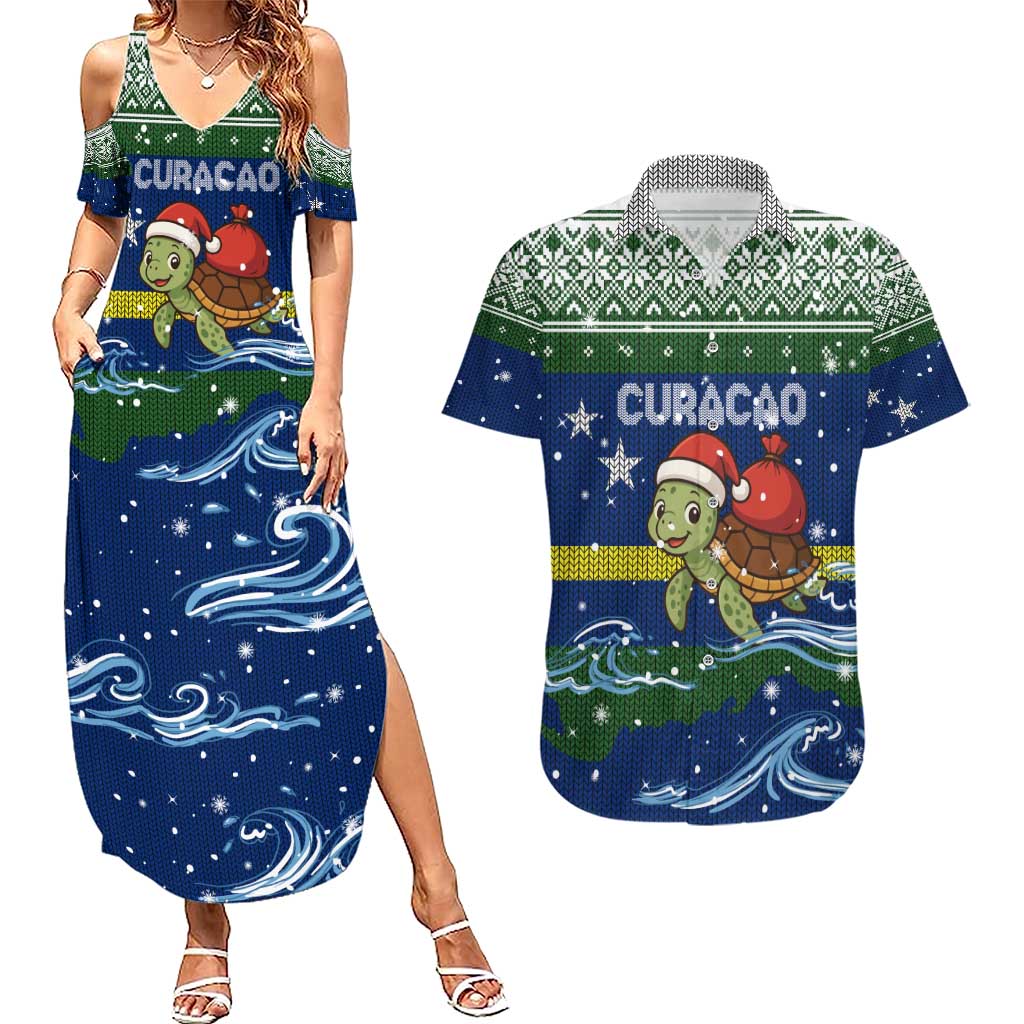 Curacao Christmas Couples Matching Summer Maxi Dress and Hawaiian Shirt with Santa Turtle Ocean Waves Snowflakes and Holiday Gift Design - Wonder Print Shop