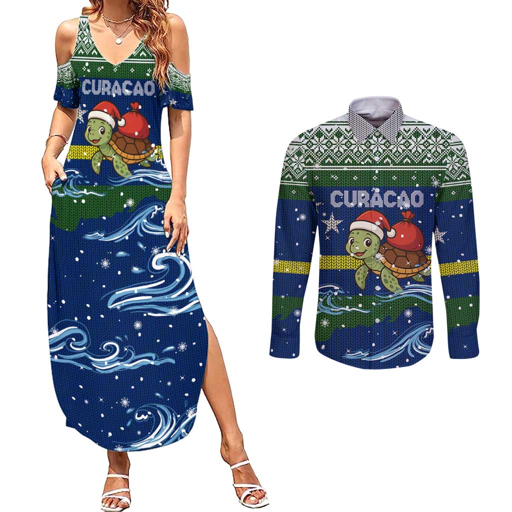 Curacao Christmas Couples Matching Summer Maxi Dress and Long Sleeve Button Shirt with Santa Turtle Ocean Waves Snowflakes and Holiday Gift Design - Wonder Print Shop