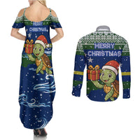 Curacao Christmas Couples Matching Summer Maxi Dress and Long Sleeve Button Shirt with Santa Turtle Ocean Waves Snowflakes and Holiday Gift Design - Wonder Print Shop