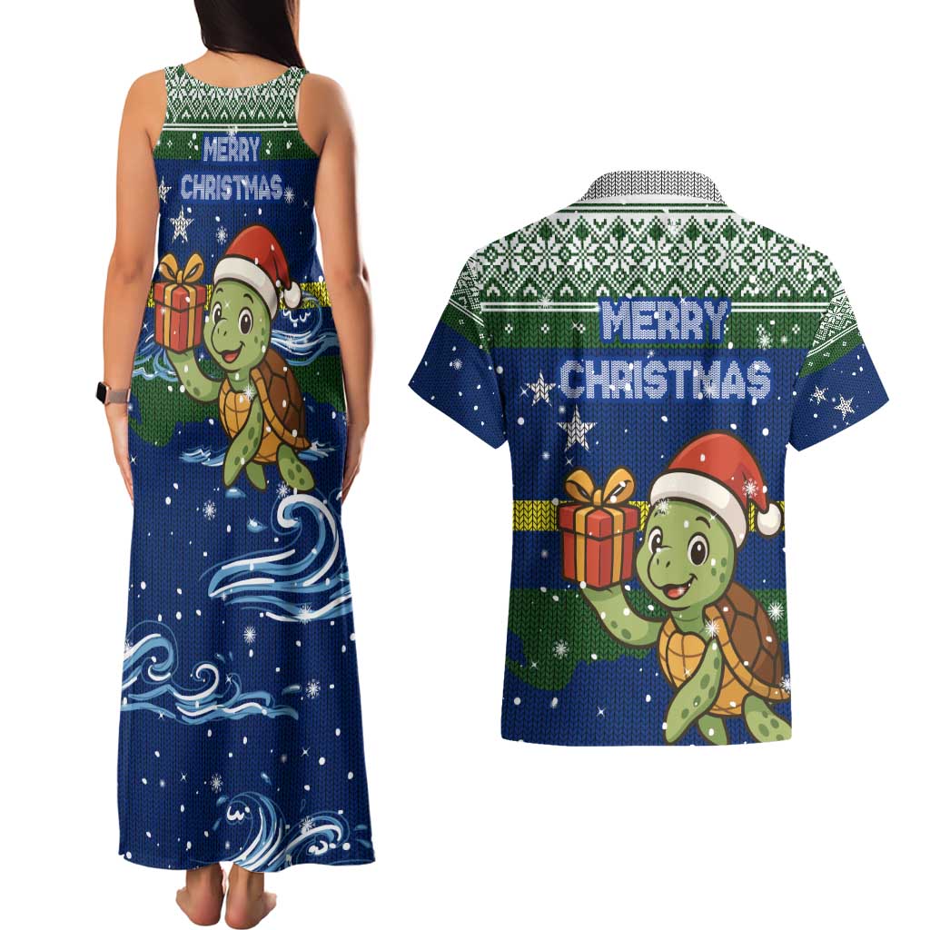 Curacao Christmas Couples Matching Tank Maxi Dress and Hawaiian Shirt with Santa Turtle Ocean Waves Snowflakes and Holiday Gift Design - Wonder Print Shop