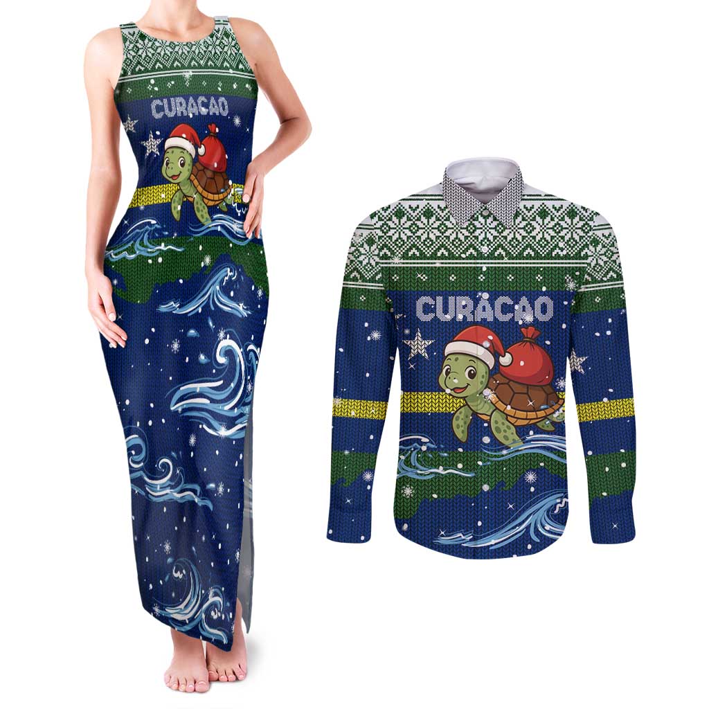Curacao Christmas Couples Matching Tank Maxi Dress and Long Sleeve Button Shirt with Santa Turtle Ocean Waves Snowflakes and Holiday Gift Design - Wonder Print Shop