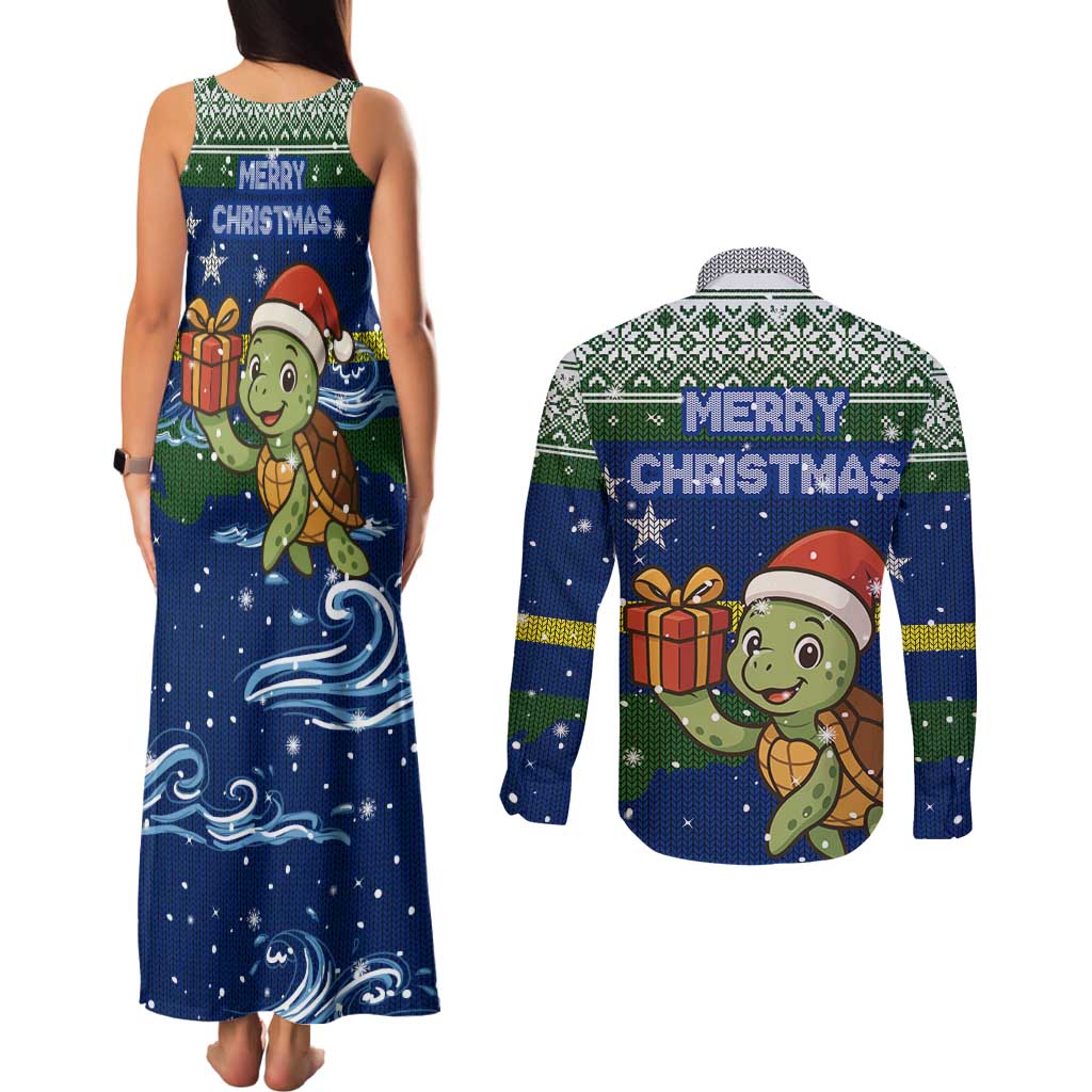 Curacao Christmas Couples Matching Tank Maxi Dress and Long Sleeve Button Shirt with Santa Turtle Ocean Waves Snowflakes and Holiday Gift Design - Wonder Print Shop