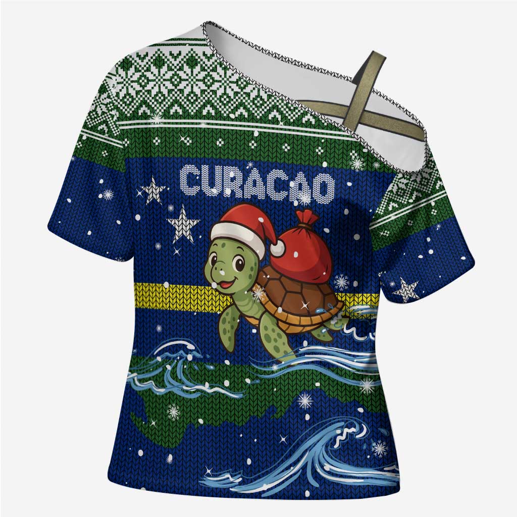 Curacao Christmas Cross Shoulder Shirt with Santa Turtle Ocean Waves Snowflakes and Holiday Gift Design - Wonder Print Shop